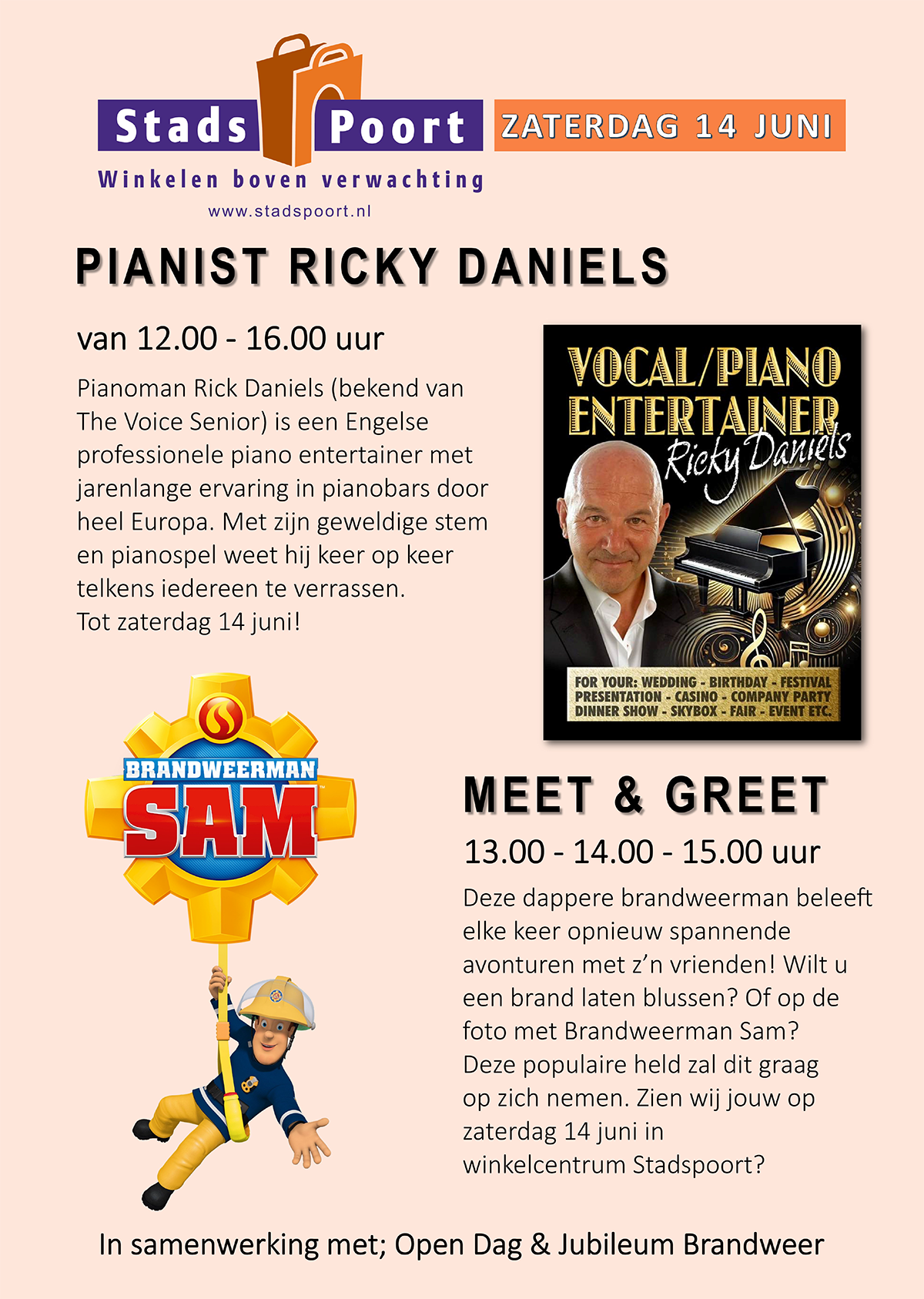 Zaterdag 14 juni Ricky Daniels & brandweerman Sam
